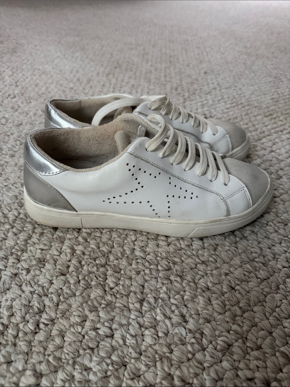 White and Silver Women's Leather Star Detail Sneakers